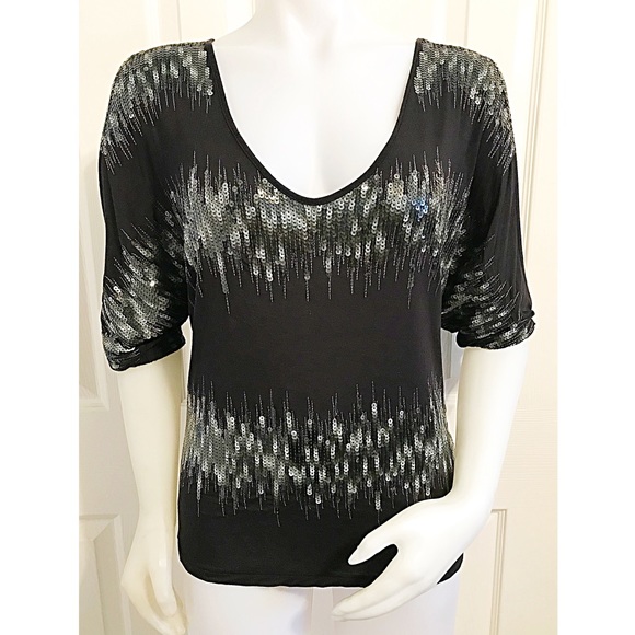 Bebe, V Neckline, Cold Shoulder, Sequins Black Top - Picture 2 of 10